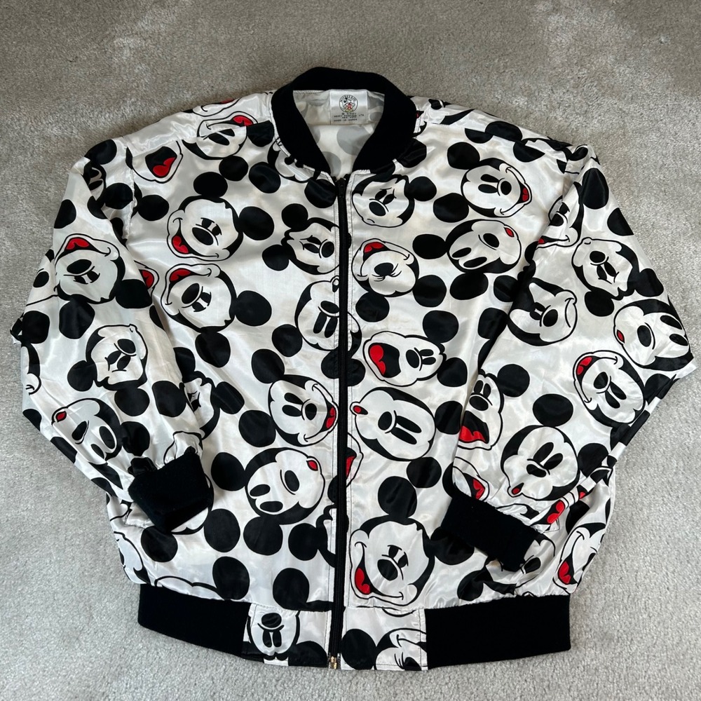 Vintage 90s Mickey & Co Bomber Jacket Mens Medium White Mickey Mouse AOP Faces
